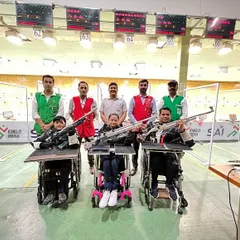 Here we are at the Dr. Karni Singh Shooting Ranges for selection trials. We ensure our para-athletes, including wheelchair shooters, have the best equipment and support to perform at their peak.