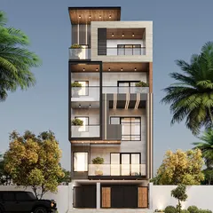 A 3D exterior design option for a duplex in Faridabad. This version features a modern theme with a strong vertical emphasis, using a mix of concrete, wood, and glass to create a sophisticated and visually striking facade.