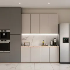 This kitchen 3D render showcases a two-tone design with grey and light-colored cabinets. The layout includes integrated appliances like a built-in oven and microwave, creating a streamlined and highly modern look.