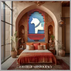 This 'Touch of Aristocracy' headboard brings traditional Indian art into a contemporary bedroom. The design features a classic horse motif, blending matte pastels with custom prints to create a feeling of grandeur and heritage.