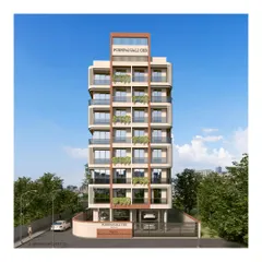 This is a 3D visualization for the Pushpanjali CHS residential building. The facade design features clean lines, curved balconies, and integrated planters to add a natural element to the structure.