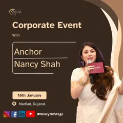 This poster announced my role as the anchor for a major corporate client's 120th-anniversary celebration in Nadiad, Gujarat. I handle everything from award ceremonies to entertainment segments, ensuring a grand and memorable evening.
