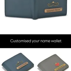Customize your name wallet just the way you like. This image shows different color options and charms, like the mustache and heart, to make your gift unique.