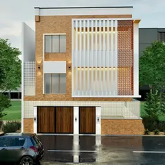 This render showcases a home where a traditional brick facade and intricate jaali screens are the heroes. The design creates a beautiful interplay of texture and pattern, offering privacy while allowing natural light to filter through.