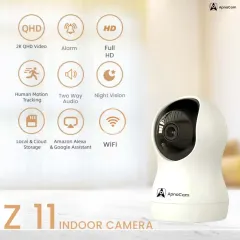 Meet the Z11, our most popular indoor camera. This graphic highlights its key features like 2K QHD video, human motion tracking, and two-way audio, making it an all-in-one solution for keeping an eye on your home or office.