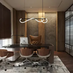 A visualization for a private director's cabin, focusing on a warm and luxurious material palette. The design incorporates wood-paneled walls, a sculptural pendant light, and a sleek desk to create a powerful yet comfortable atmosphere.