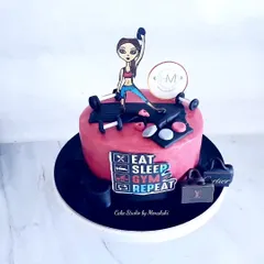 For the girl who loves to gym and shop. This cake combines her two passions, with a caricature of her working out, surrounded by weights and luxury shopping bags.