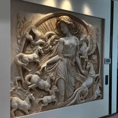 The completed Greek goddess mural, perfectly illuminated by track lighting. This kind of 3D wall art becomes the undeniable focal point of any interior design.