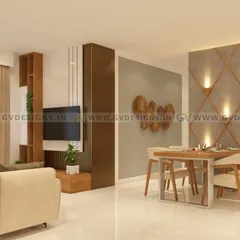 This open-plan living and dining area is defined by its clean lines and thoughtful details. We designed a custom TV unit with rafter wood accents and created a distinct dining zone with a feature wall and unique sconce lighting.