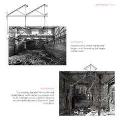 This graphic illustrates the initial state of the ice factory and its substation. Repurposing began with revealing the layers underneath, addressing dilapidated structures, sagging trusses, and unsafe brickwork that required significant retrofitting.