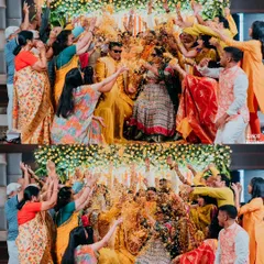 A vibrant collage showcasing the flower shower during a Haldi ceremony, a moment of collective blessing and fun from friends and family.