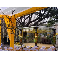 This South Indian wedding mandap at the Shankaraa Foundation is a testament to timeless elegance. The structure features classic wooden pillars wrapped in banana leaves and adorned with white and yellow chrysanthemums under a vast, ancient tree.