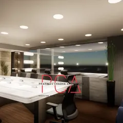A 3D visualization of a conference room for an office project in Narela Industrial Area. This render shows the proposed design with minimalistic tones, an amalgamation of wood, metal, and natural stone finishes.