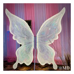 An artistic photo prop in the shape of large, iridescent butterfly wings. Guests can stand in front of it to create beautiful and whimsical photos.
