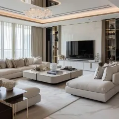 Luxury is in the details of this spacious living room, which features a multi-piece sectional sofa with elegant piping. The design combines a marble floor, a contemporary chandelier, and integrated shelving with mirrored back panels to enhance the sense of scale and refinement.