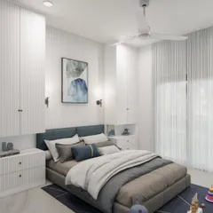 This serene kids' bedroom at Campan Valley Villa features clean white wardrobes, a comfortable bed, and sheer curtains that fill the room with soft, natural light.