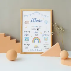 This baby biography frame for Atharv is a snapshot of love and joy. The design is clean and modern, with cute icons that highlight all the special details of the day he was born.