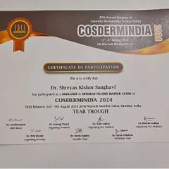 I believe in constant learning to provide the best and safest treatments. This is my certificate from a Dermal Fillers Master Class at COSDERMINIDA 2024, where I completed advanced training specifically for Tear Trough fillers to address under-eye hollows.