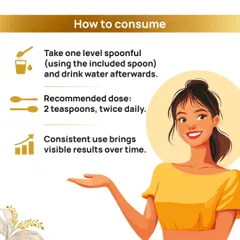 Incorporating Keshya Yog into your routine is simple. The recommended dose is two teaspoons daily, and with consistent use, you will see visible results in your hair's health and strength over time.