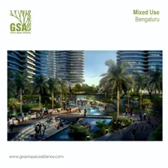 A vision for a mixed-use development in Bengaluru, featuring a central water channel with terraced seating and bridges. This design creates a dynamic public realm that encourages social interaction and seamlessly integrates residential and commercial activities.