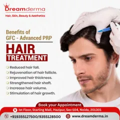 I offer GFC, or Growth Factor Concentrate therapy, as an advanced hair treatment. This infographic highlights the key results you can expect: reduced hair fall, rejuvenated follicles for better growth, and a noticeable increase in hair thickness, volume, and overall shaft strength.