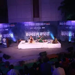 On stage for a sitar and cello jugalbandi at the Jashn-e-Adab Cultural Kaarva'n in Delhi. Performing in an open-air amphitheater as the sun sets creates a truly special atmosphere for the music.