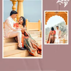 A beautiful album layout showing the couple in traditional wear, seated on the steps of a grand, temple-like structure, creating a serene and majestic feel.