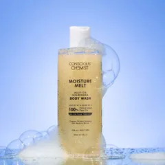 We created a cool, refreshing vibe for this body wash using a blue gradient background and realistic bubbles. The composition makes the product look like it's emerging from a fresh, cleansing bath.