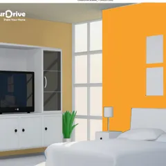 This visualizer image shows how a bold orange accent wall can energize a bedroom. We can help you explore stunning wall color combinations, from soft pastels to bright and bold shades, to create your perfect retreat.