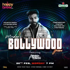 Our 'Monday Bollywood Groove' poster for Happy Brew, detailing our unlimited drinks and starters offer. Clear communication of our deals is key to our promotional strategy.