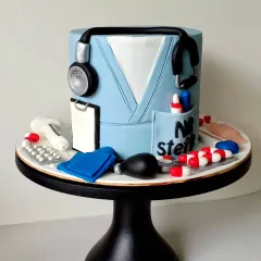 I love creating cakes that tell a story about a person's passion. This cake was a tribute to a healthcare hero, designed to look like a doctor's scrubs. Every detail, from the tiny fondant stethoscope and clipboard to the edible pills and syringe, was handcrafted to honor their dedication.