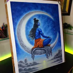 One of my favorite spiritual pieces, this oil painting shows Mahadev meditating on the moon. I used deep blues and contrasting light to create a powerful and serene atmosphere, making it a popular choice for home decor and spiritual spaces.