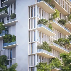 This render showcases the facade of a modern office building designed for the tropical climate. Deep, staggered balconies and vertical aluminium slats act as an elegant, passive shading system to protect the interiors from heat and glare while allowing for natural ventilation.