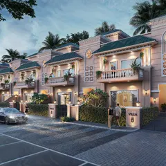 An evening view of the ATS Merigold villa project. The rendering captures the classic architectural details, with warm light spilling from the windows and illuminating the entryway, creating a sense of luxury and arrival.