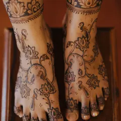 A beautiful and intricate design for bridal feet, with sprawling vines of lotuses and peacocks. The pattern covers the entire top of the foot for a complete bridal look.