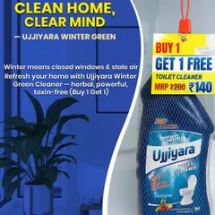 Clean home, clear mind. This image promotes Ujjiyara Winter Green Cleaner for refreshing your home during winter, highlighting its herbal, powerful, and toxin-free formula with a Buy 1 Get 1 Free offer.