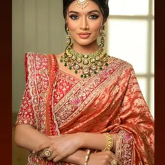 A close-up of the bride's radiant look. The pallu is pleated neatly on the shoulder to display the beautiful border and allow the stunning jewelry to take center stage.