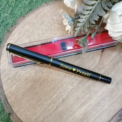 A simple and elegant personalized metal pen. Engraved with 'Sonu ♥ Preeti', it's a beautiful gift for a couple or a loved one. It comes in a clear protective case.