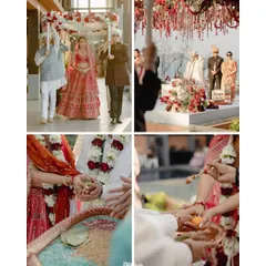 A collage showcasing moments from an Indian wedding ceremony held in Thailand. It shows the bride's entry, the mandap, and the traditional rituals, demonstrating how we capture the full story of a fusion wedding.