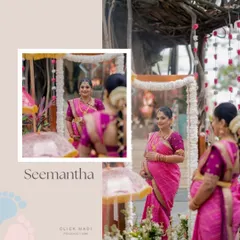 A beautiful solo portrait of the mother-to-be during her Seemantha. The soft lighting and her serene expression perfectly capture the glow of motherhood.