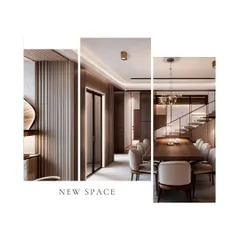 A collage showing a dining space with a large wooden table and comfortable upholstered chairs. The design is characterized by warm wood tones, fluted wall panels, and a modern staircase in the background.