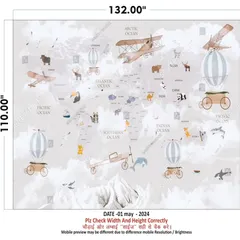 This is a design proof for a custom children's world map wallpaper. It features cute animals and vintage hot-air balloons to make learning about geography fun and visually engaging. I always provide a proof to ensure the size and design are perfect before printing.