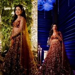 A diptych of the bride, Neha, looking radiant at her Sangeet. I captured her against two different backdrops, one natural and one dramatic blue, to showcase her stunning outfit and happy glow.