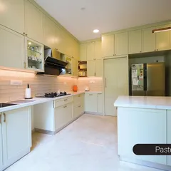 This pastel green kitchen offers a soft, refreshing take on modern design. The shaker-style cabinets provide ample storage, while the white island and countertops keep the space feeling bright and open.