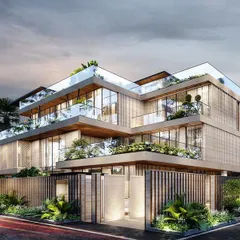 An evening render of our upcoming Noida residence. The lighting strategy is designed to accentuate the home's multi-level terraces and the rich material palette of stone, wood, and glass, creating a warm and inviting glow.