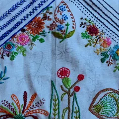 The floral hoop art is taking shape. I love combining different elements, from freestyle flowers to structured, linear patterns, to create a balanced and interesting composition.