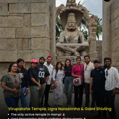 Our group posing in front of the Ugra Narasimha statue at the Virupaksha Temple complex, the only active temple in Hampi.
