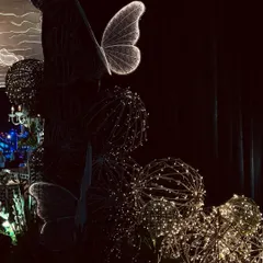 A close-up of our illuminated butterfly and fairy light ball props, which can be used to create an enchanting photo corner or add magic to any decor.