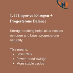 Strength training helps improve estrogen and progesterone balance naturally. This leads to fewer PMS symptoms, more stable moods, and regular cycles.