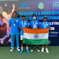 My role extends to shaping tennis at a national level. Here I am as the captain of the Indian U-12 boys' team, alongside the girls' team, as we prepared to compete in the ITF Asian Qualifying event in Pakistan. We guide players to represent their country.